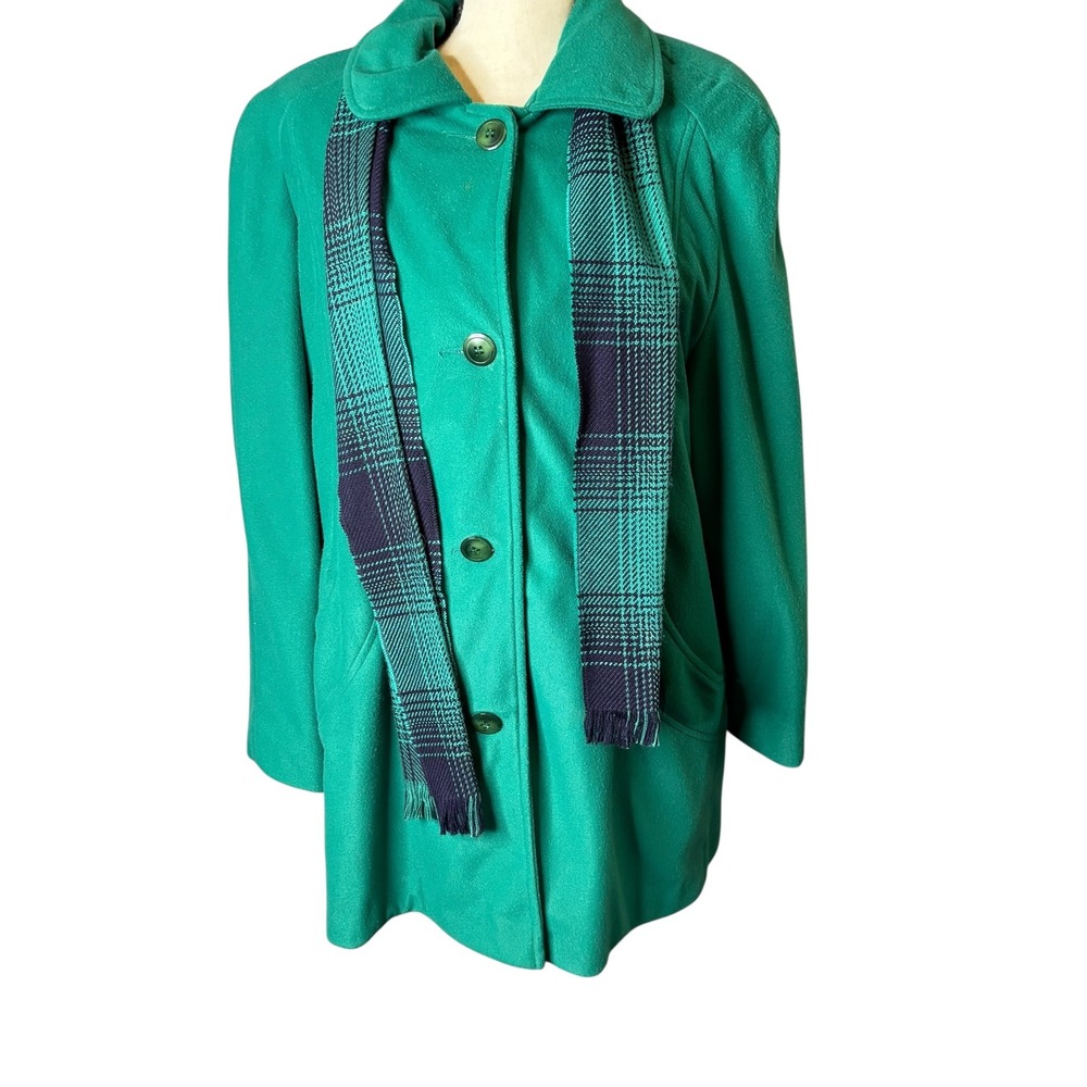 Outbrook Green Wool Blend Coat Womens Collared Vintage Plaid Scarf Size 10